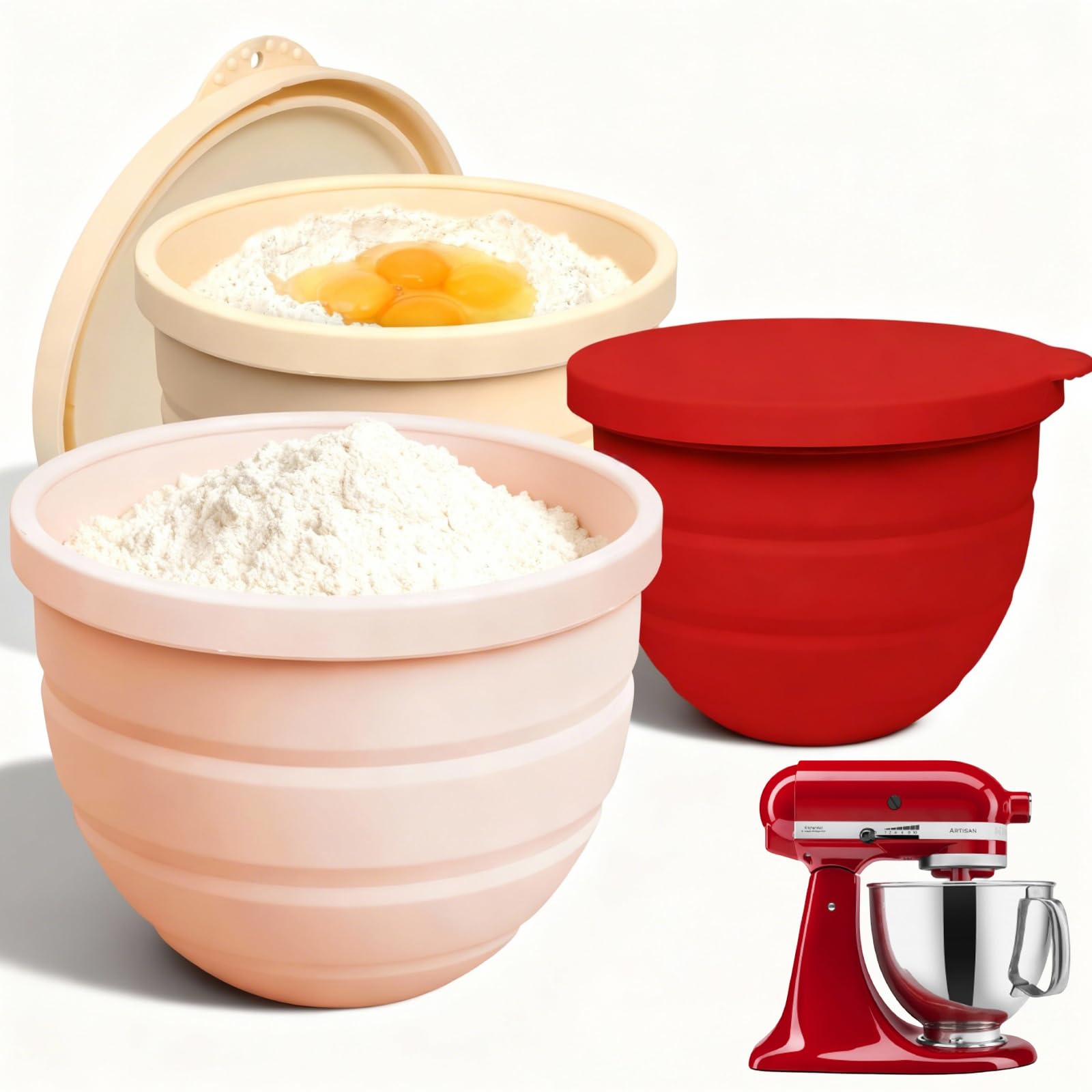 Naerza Silicone Bowl Liners Insert for Kitchen Aid Mixer 5 Qt, for KitchenAid Mixer Attachments and Accessories, Silicone Bowl Insert for Tilt-Head & Bowl-Lift Stand Mixers (Red+Beige+Pink)