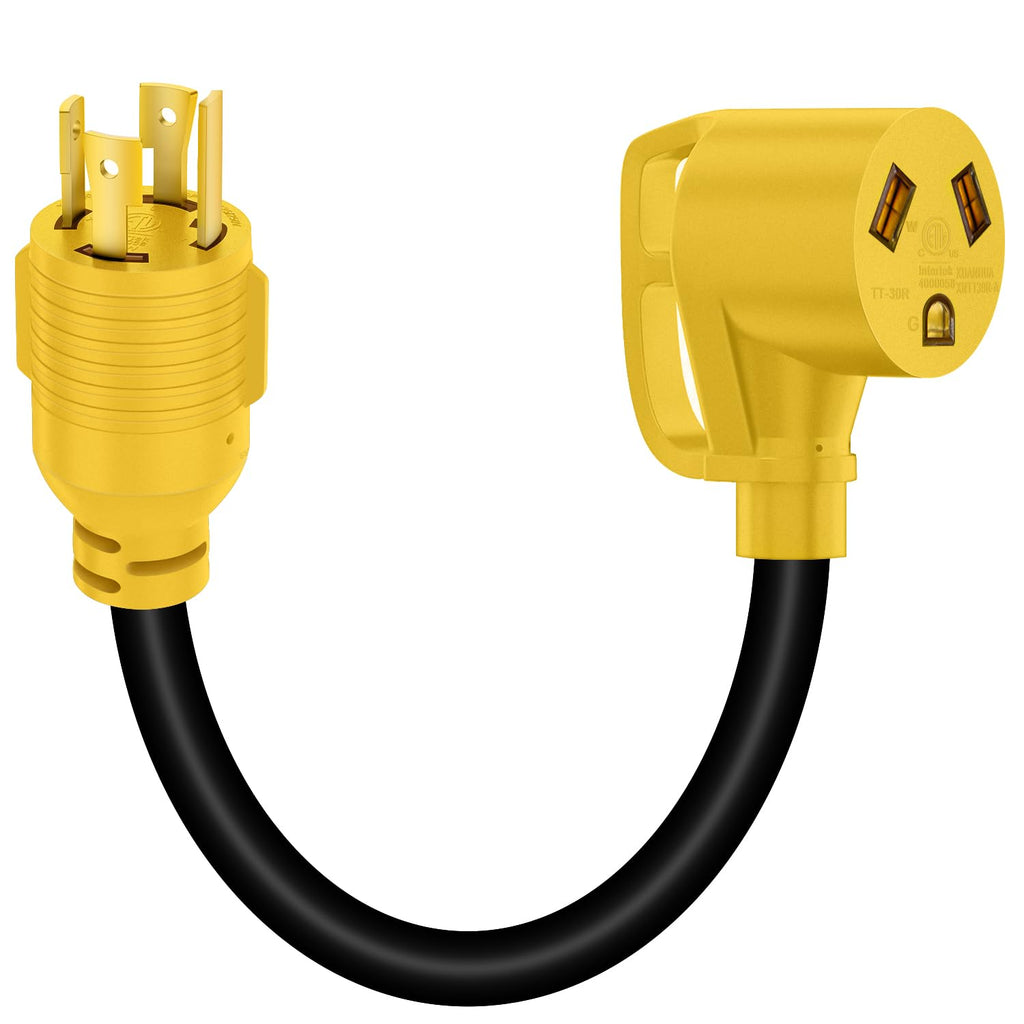 LudoPam 4 Prong 30 Amp RV Generator Adapter Cord with Grip Handle, NEMA L14-30P Twist Lock Male Plug to TT-30R Female Up to 7500W SJTW 10/3 Generator Cord for Generator to RV Trailer Camper,12 Inch