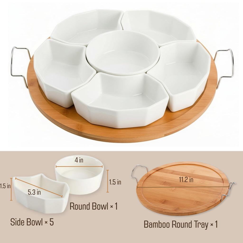 ZENFUN 11 Inch Ceramic Serving Tray and Platter, Divided Dip Bowls with Handles, 6-Compartment Removable Appetizer Snack Bowls, Round Sectional Serving Platter for Chips and Dip, Fruits, Condiment
