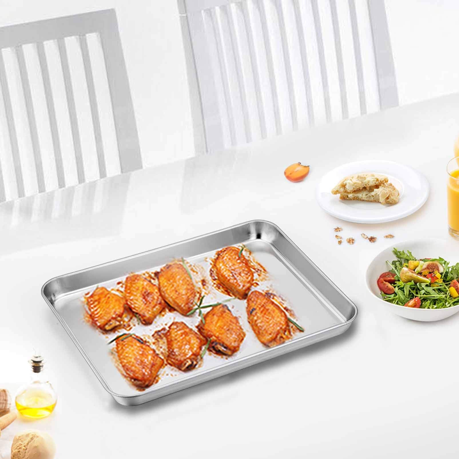 TeamFar- Toaster Oven Pans, 9.3'' X 7'' X 1'' Stainless Steel Compact Toaster Oven Tray Ovenware, Healthy & Durable, Roll Edge & Mirror Finish, Easy Clean & Dishwasher Safe 2 Pcs
