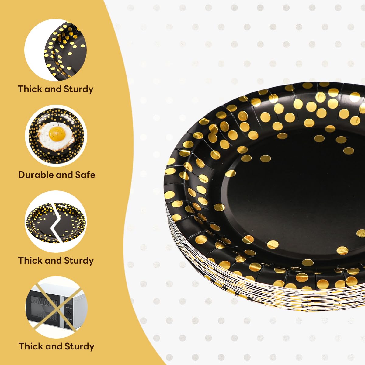 Vukehon 100PCS Disposable Black Paper Plates for Party Round Dinner Plates 7inch & 9 Inch Golden Foil Polka Dots, Black and Gold Party Supplies for Graduation, Birthday, Wedding, Cocktail Party