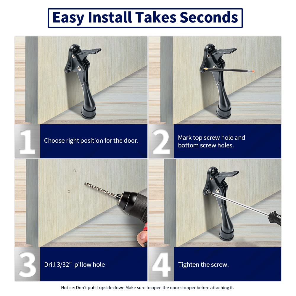 HOME&I One Touch Easy Pedal Door Stop Stopper Height Adjustable Kick Down Door Stop with Rubber Tip Spring Lever Screw Type (Black, 4 Inch x 2 Pack)