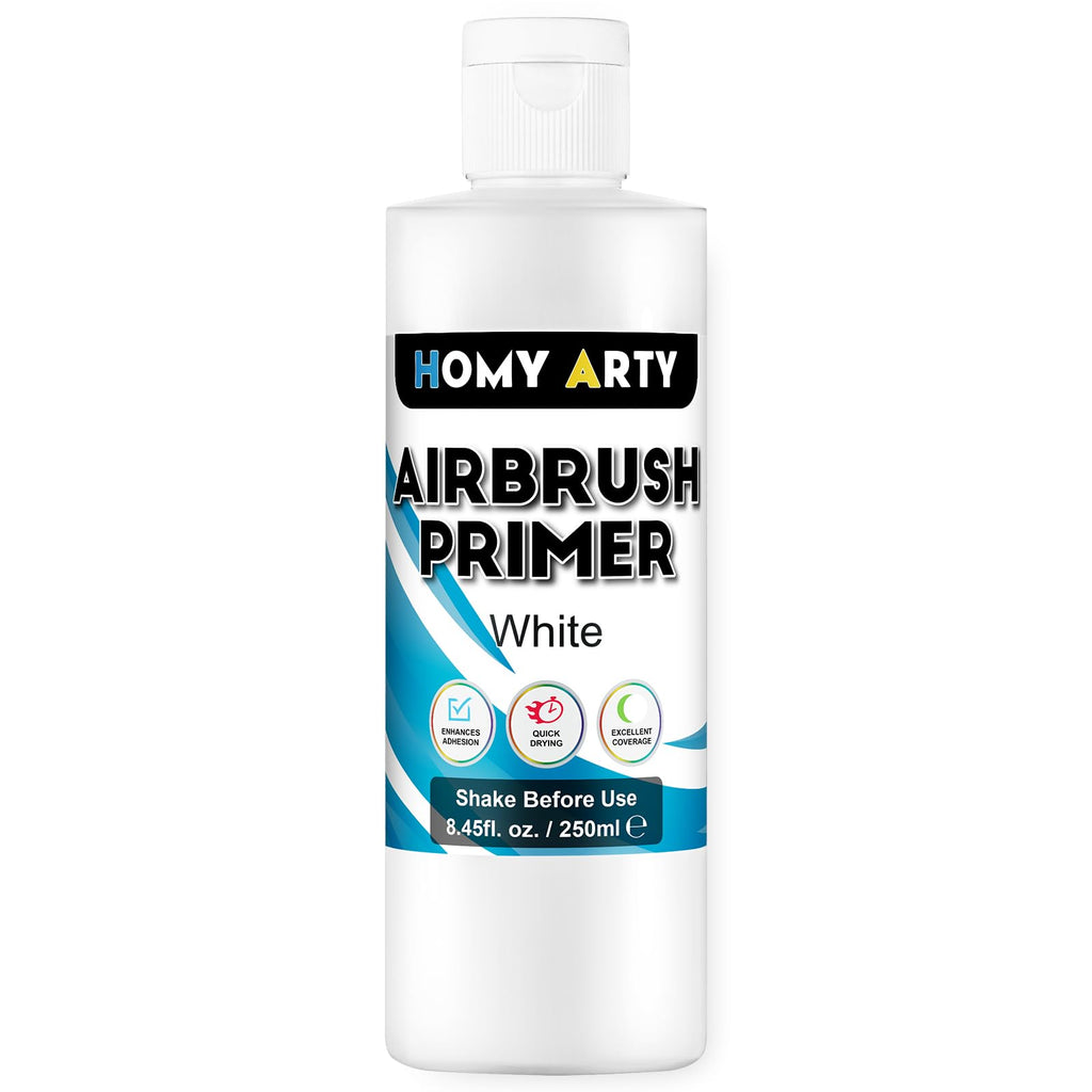 HOMY ARTY White Airbrush Primer - Acrylic Primer for Airbrush, 8.45 fl.oz. Quick-Drying Matte Finish Paint, for Acrylic Paint with Excellent Adhesion to Plastic Models, Metal, Canvas