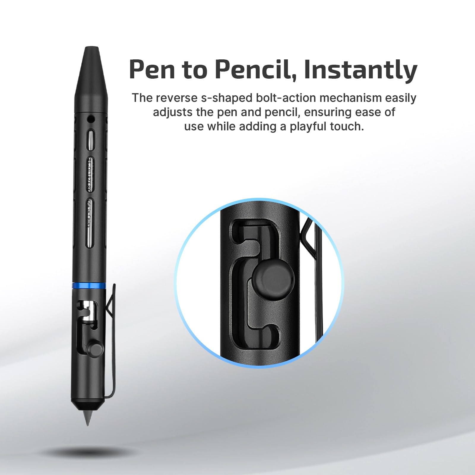 OLIGHT O'Pen Mini 2 Portable Ballpoint Pen, Bolt Action Pen with Pen and Pencil Tip, EDC Replaceable Black Ink Pens with Stainless Steel Pen Clip for Working, Writing (Black)