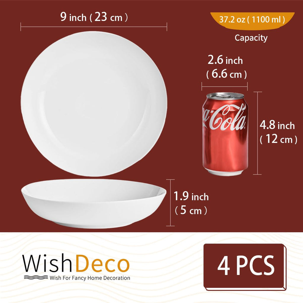 WishDeco White Pasta Bowls Set of 4, Porcelain Salad Bowls 37 oz / 1100 ml, Wide and Shallow Serving Bowl 9 Inch / 23 cm, Large Pasta Plates, Serving Dishes for Soup, Dinner, Microwave Safe