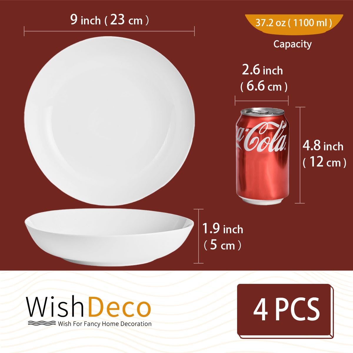 WishDeco White Pasta Bowls Set of 4, Porcelain Salad Bowls 37 oz / 1100 ml, Wide and Shallow Serving Bowl 9 Inch / 23 cm, Large Pasta Plates, Serving Dishes for Soup, Dinner, Microwave Safe