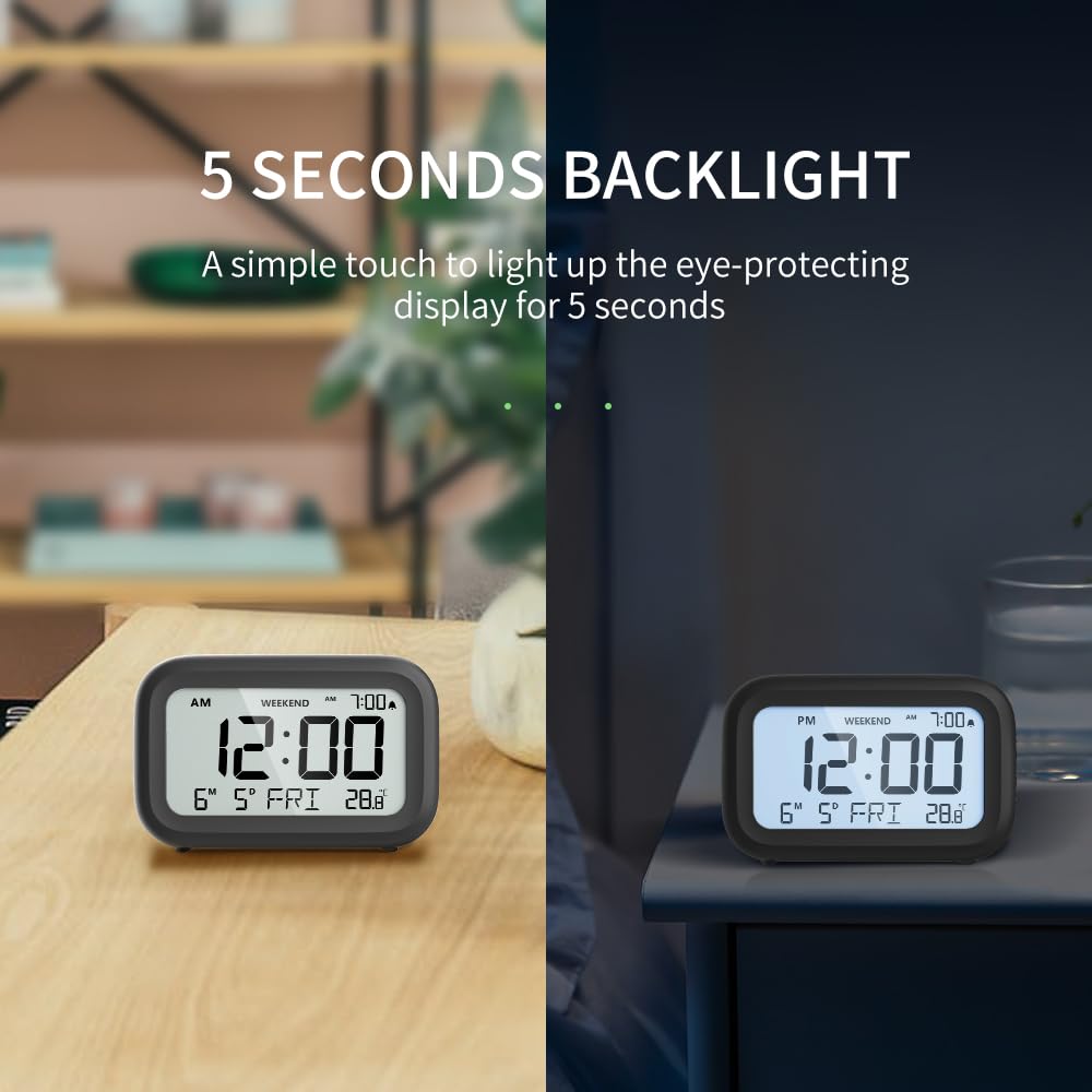 DOOMAY Digital Alarm Clock Bedside - Battery Powered Clock with LCD Display Volume Adjustable Snooze and Weekend Mode for Bedroom Office Desk Travel (Black)
