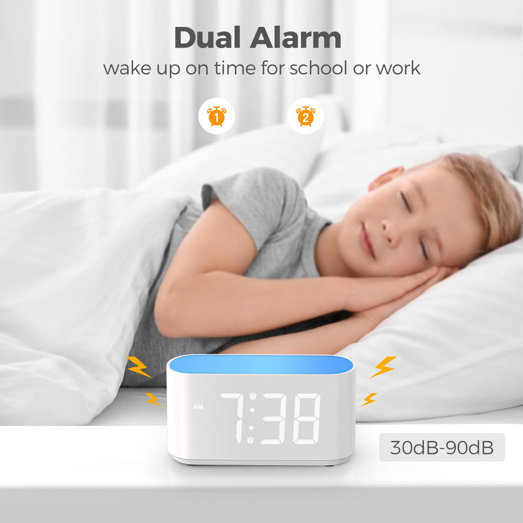ONLAKE Alarm Clock for Bedrooms, Large Display Digital Clocks with 2 Alarms, 7 Color Larger Night Light, Dimmer, Adjustable Volume, Easy Snooze (White)