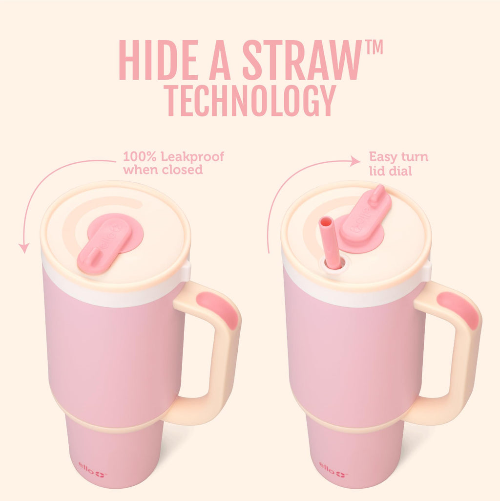 Ello Oasis 30 oz Tumbler with Handle & Retracting Straw | Reusable Insulated Stainless Steel Cup 100% Leakproof, Gifts for Teens Women Men | Keeps Cold for 24 Hours, Cup Holder Friendly, Pink Gingham