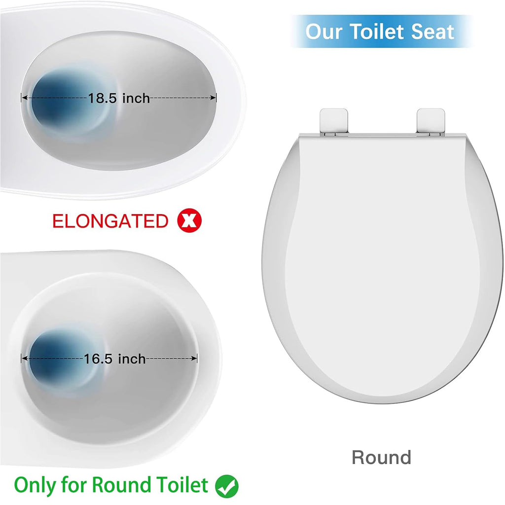Homfan Durable Round Toilet Seat with Slow Soft Close - Easy to Install and Clean, Never Loosens - White, Fits Most Round Toilets