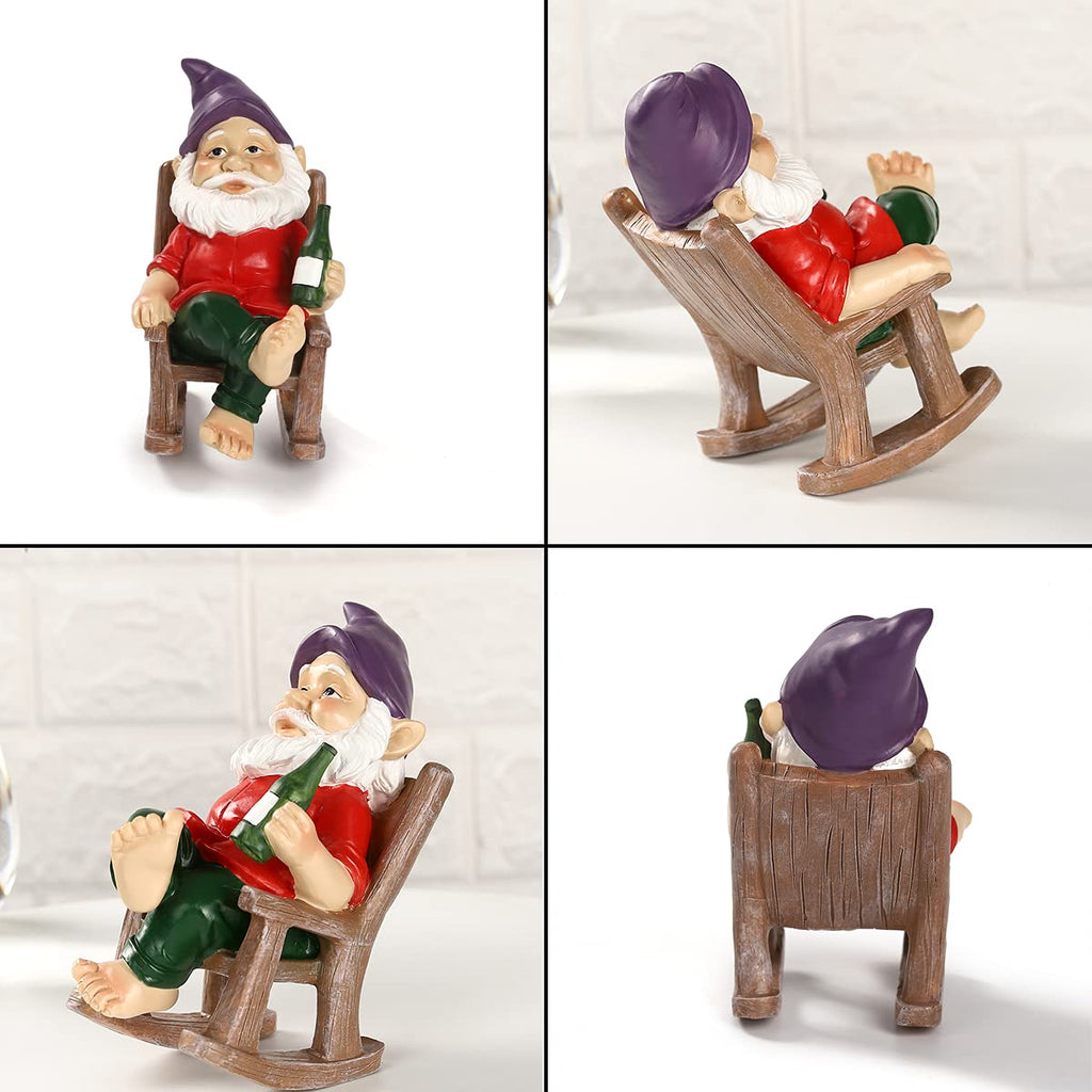 Drinking Garden Gnome Sitting on Rocking Chair, Outdoor Gnome Statue Decorations, Funny Garden Figurines for Lawn Patio (A)
