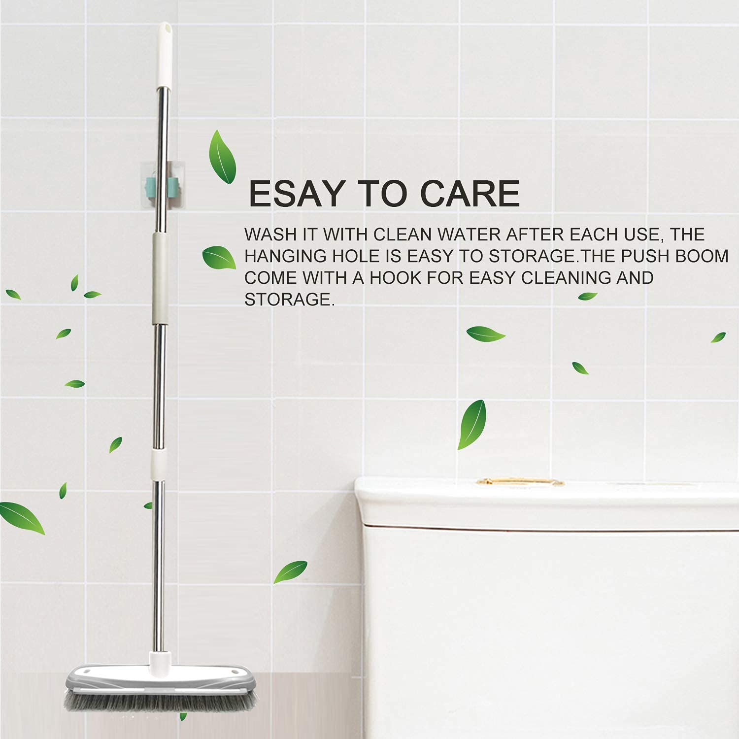 IZSOHHOME Deck Scrub Brush,Push Broom,Tub Floor Tile Broom Brush,Heavy Duty Stiff Bristles Grout Scrubber with Scraper,for Cleaning Bathroom, Patio, Kitchen,Wall and Deck,Indoor Outdoor Cleaning Brush,Adjustable Stainless Steel Long Handle-46.5"