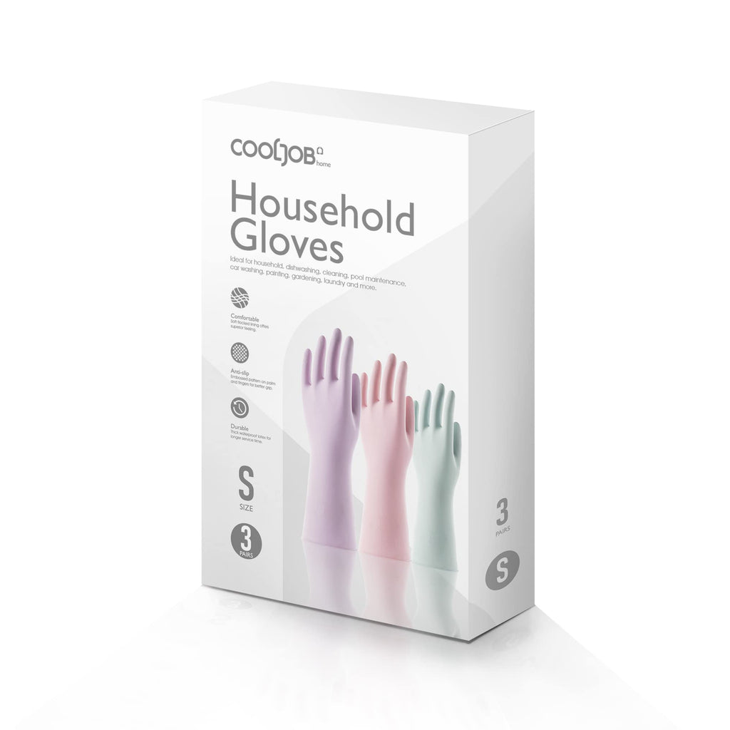 COOLJOB 3 Pairs Reusable Rubber Cleaning Gloves for Women, Long Sleeve with Thin Flocked Liner for Household, Dishwashing, Kitchen, Laundry, Waterproof, Pink, Green, Purple, Small Size