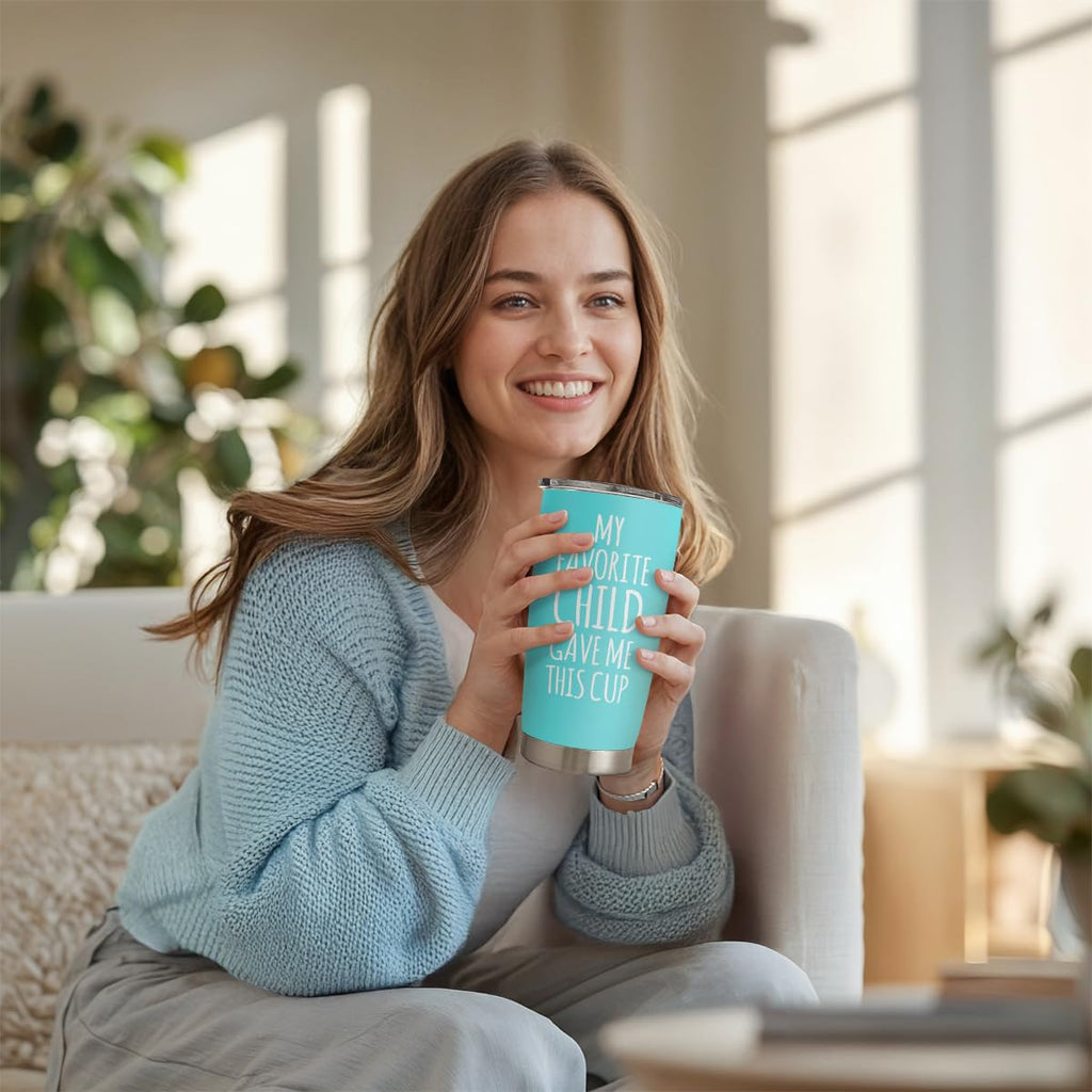 SANDJEST Mom Tumbler Gift for Mom from Son, Daughter - My Favorite Child Gave Me This Cup 20oz Insulated Travel Mug - Awesome Mother's Day, Birthday, Christmas Tumblers Gifts Idea for Moms