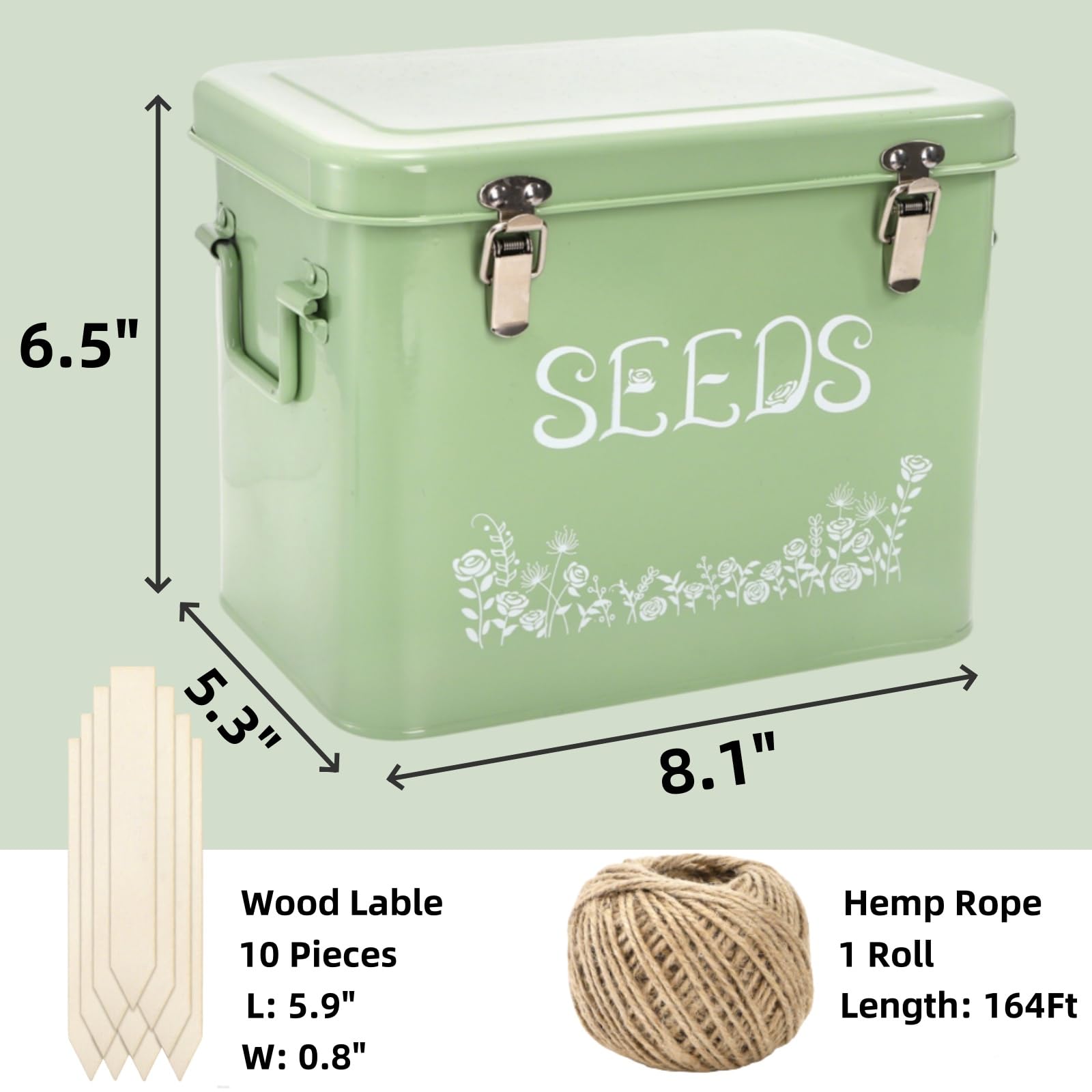 Covzoe Seed Storage Box, Metal Seed Packet Organizer with Garden String and 10 Wood Plant Labels, 3 Compartment Seed Saving Container with Lid, Seed Organizer Tin for Gardeners, Green