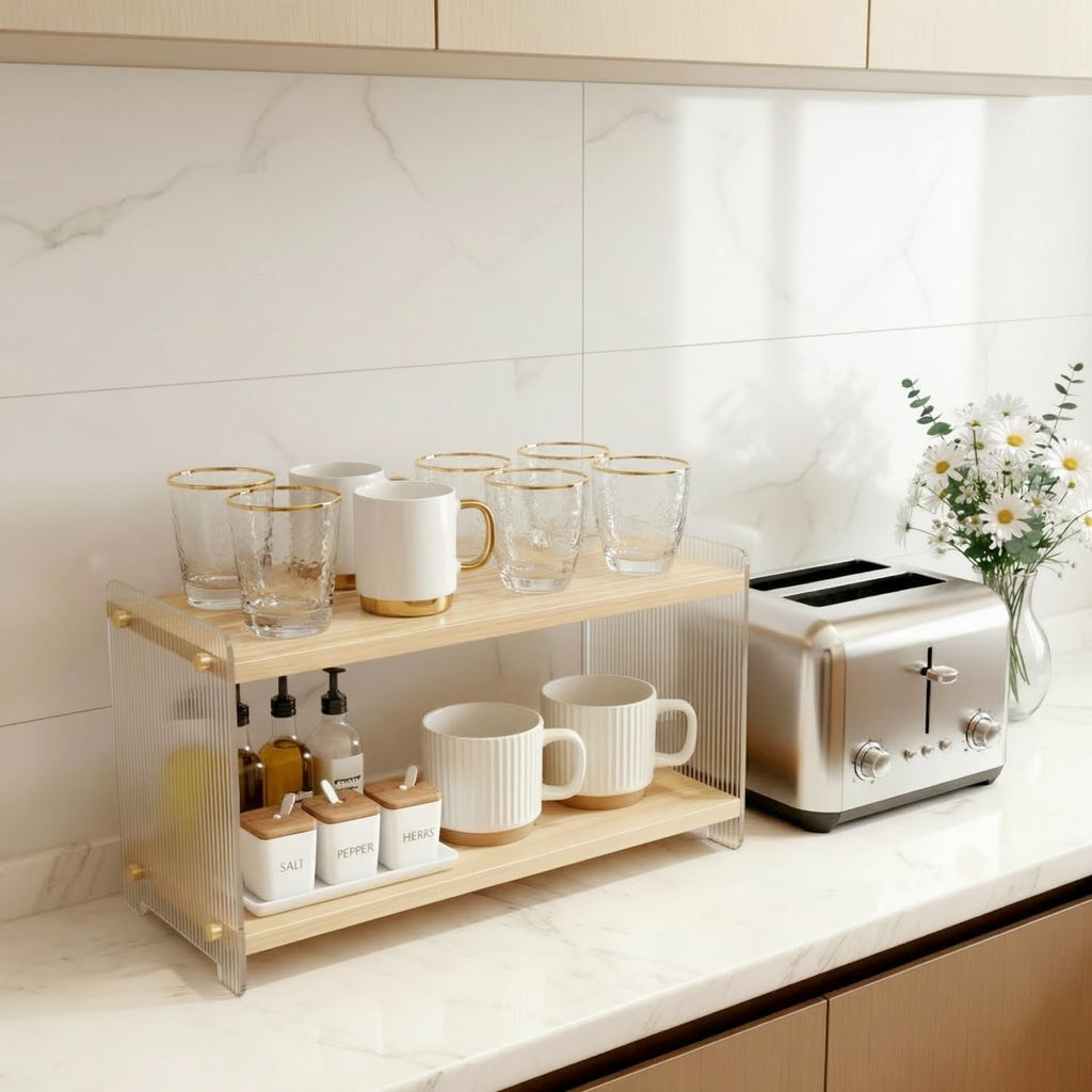 Coffee Station Organizer 2 Tier,Solid Wood Mug Shelf for Coffee Bar,Matcha Station,Tea Storage -2 Tier Countertop Coffee Bar Stand Holds Mugs,Beans,Syrup,Cups (Vertical Grain, 15.4"L x 5.7"W x 8.2H)
