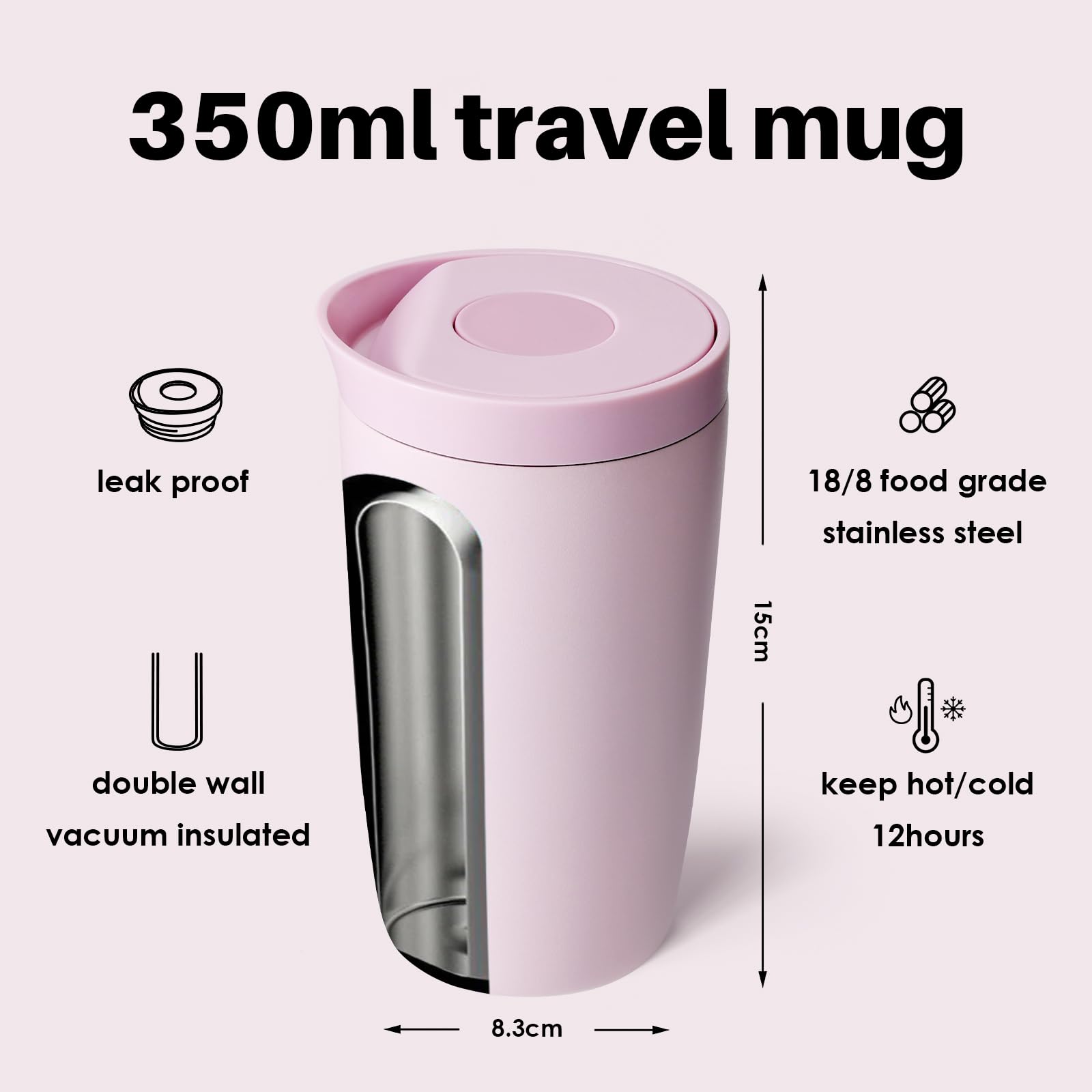 bottlebottle Insulated Travel Mug, Stainless Steel, 350ml, Push Button Lid, Keeps Cold for 12 Hours, Keeps Hot for 8 Hours, Stylish Design (Pink)