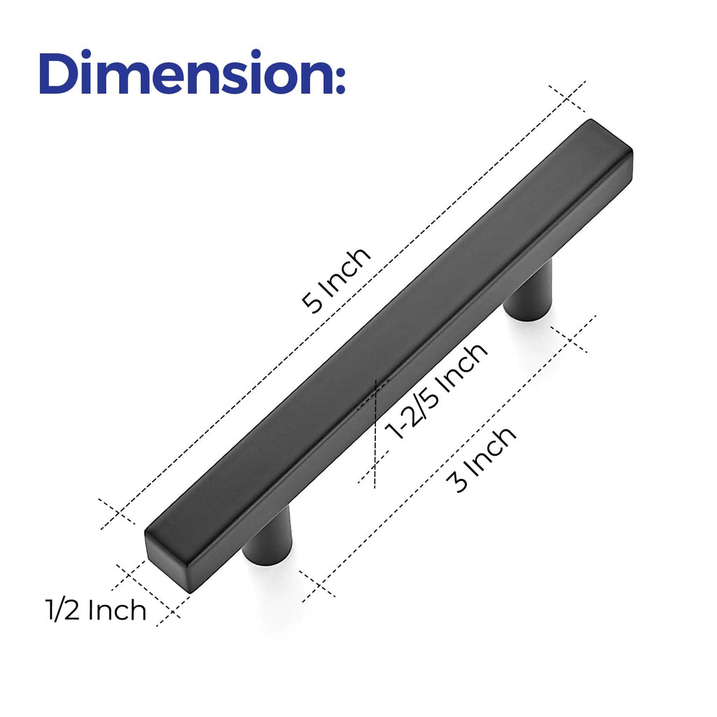 Ravinte 5 Pack 5'' Square Cabinet Pulls Matte Black Stainless Steel Kitchen Drawer Pulls Cabinet Handles 5”Length, 3” Hole Center