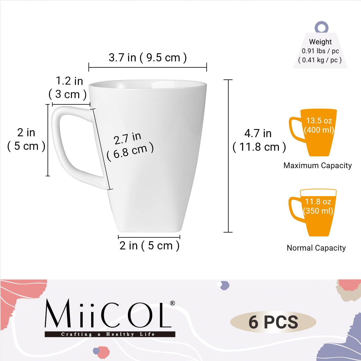 Miicol Porcelain Coffee Mugs Set of 6, Large Coffee Cups 400 ml / 14 oz, White Tea Cups, Ceramic Mugs for Latte, Cappuccino, Milk, Cocoa, Square Bottom, Microwave & Dishwasher Safe