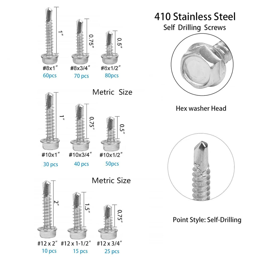 410 Stainless Steel Self Tapping TEK Screws Assortment,#8#10#12 Hex Head Self Drilling Screws for Metal