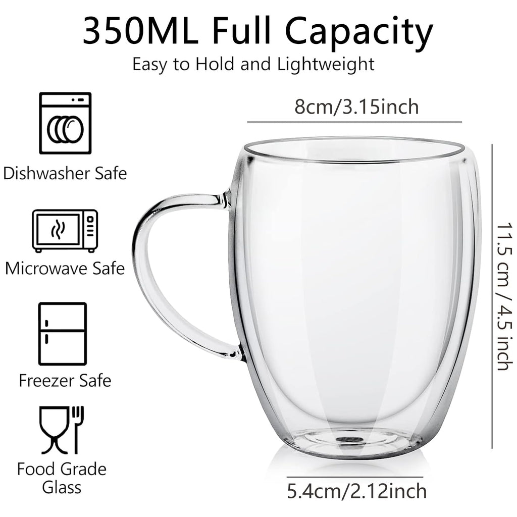 Glass Coffee Mugs 350ml, Top-spring 12oz Clear Glass Coffee Cups with Handles - Set of 4 Double Wall Insulated Coffee Mug Tea Latte Espresso Cups