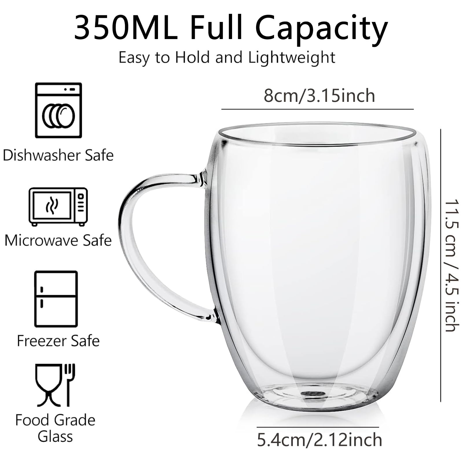 Glass Coffee Mugs 350ml, Top-spring 12oz Clear Glass Coffee Cups with Handles - Set of 4 Double Wall Insulated Coffee Mug Tea Latte Espresso Cups