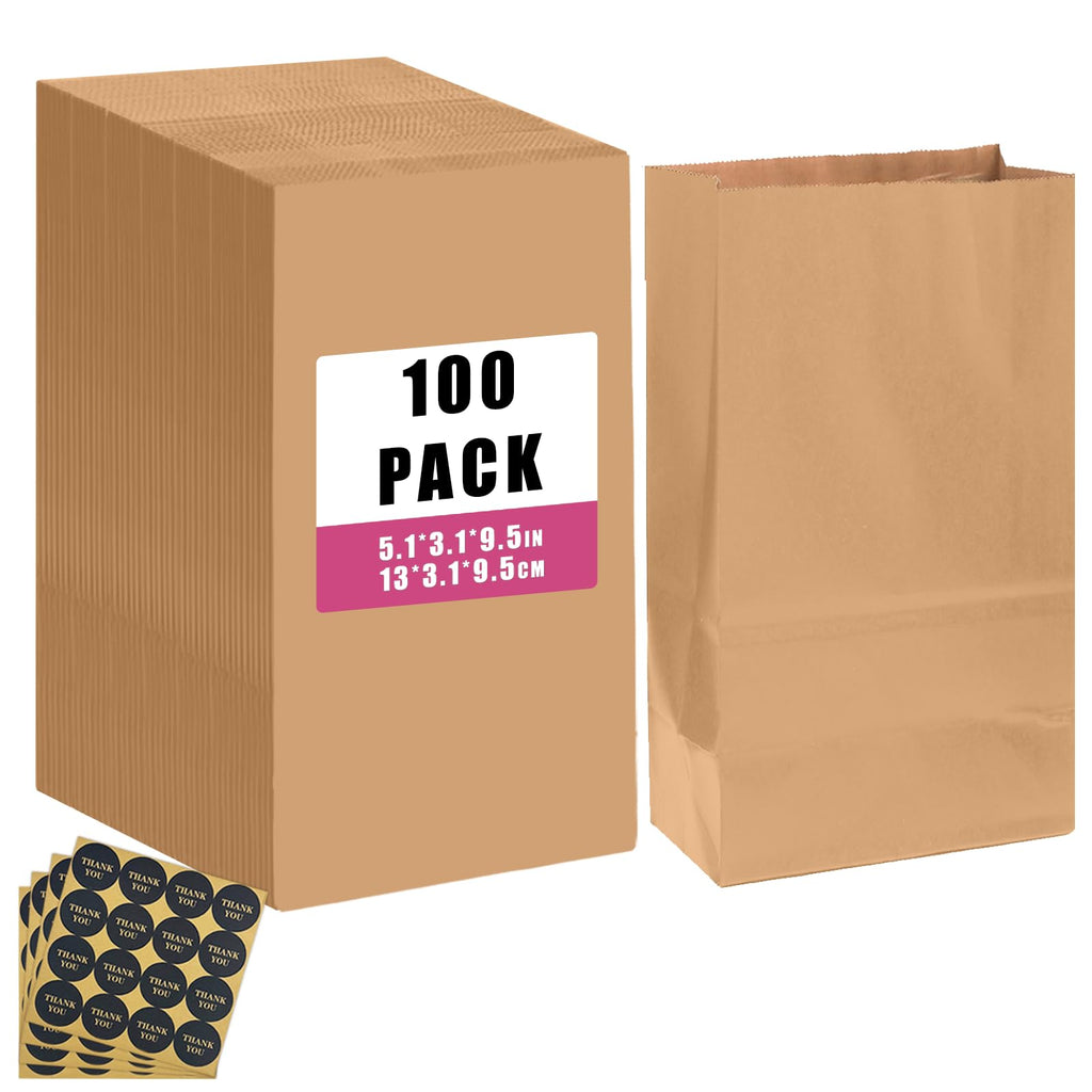 qiqee 100 Pcs Brown Treat Paper Bags with 100 Stickers 5.1"x3.1"x9.4" Kraft Small Party Gift Bag without Handle