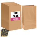 qiqee 100 Pcs Brown Treat Paper Bags with 100 Stickers 5.1"x3.1"x9.4" Kraft Small Party Gift Bag without Handle