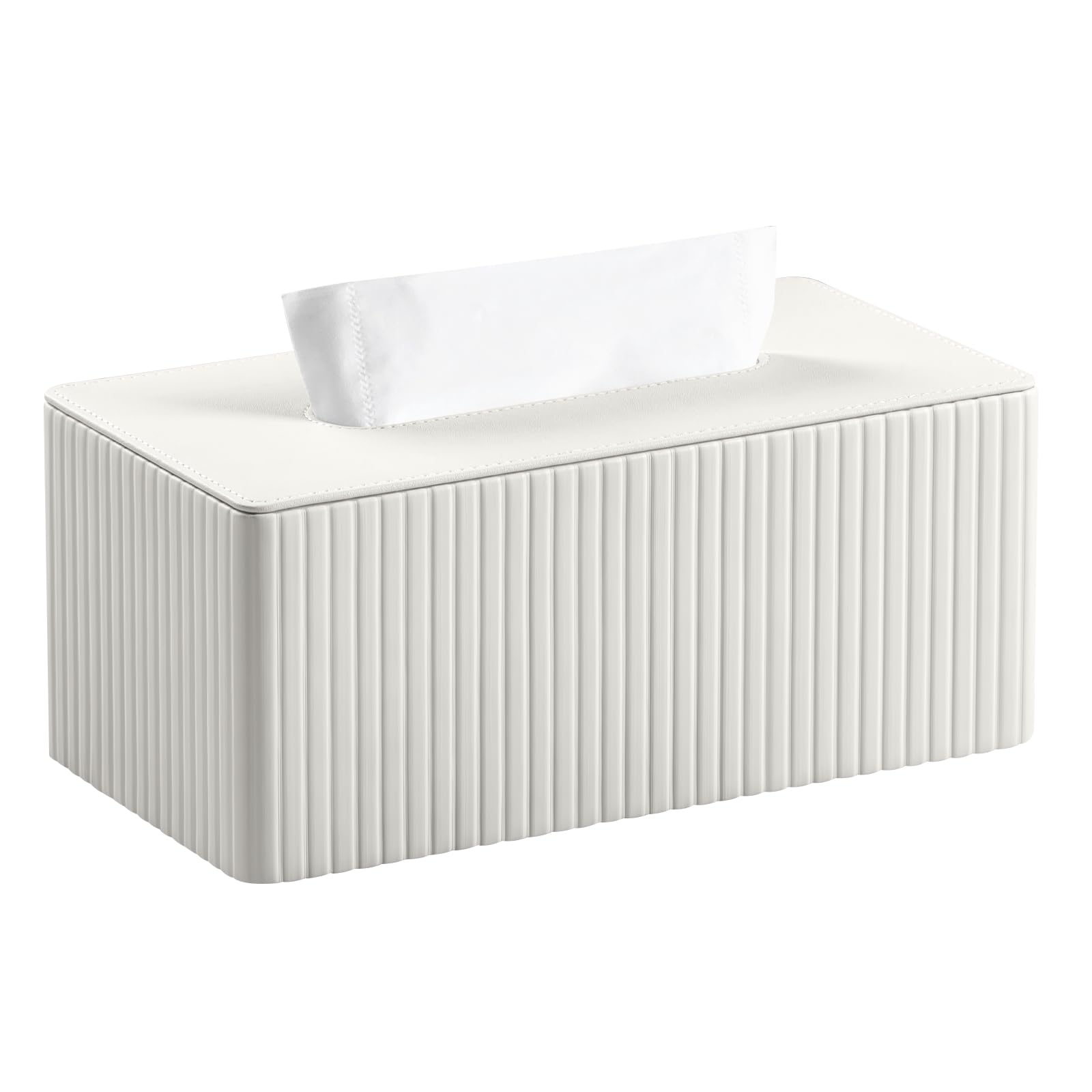 MEIBOOCH Tissue Box Cover Stylish PU Leather Rectangular Tissue Box Holder with Magnetic Bottom Cover for Bathroom Bedroom or Office (Ivory)