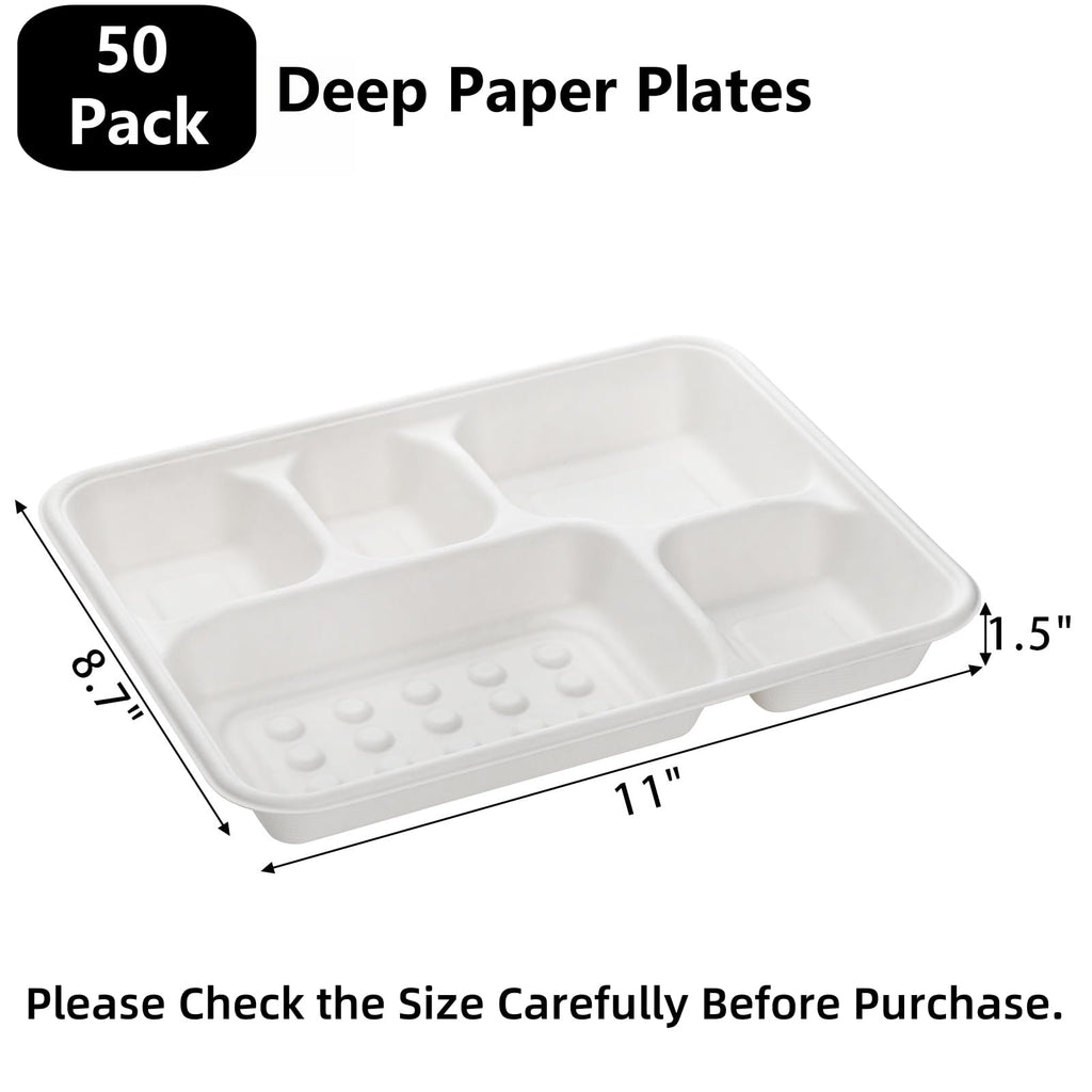 Hacaroa 50 Pack 5-Compartment Compostable Paper Plates, Natural Disposable Bagasse School Lunch Trays, Deep Divided Plates for Party, Picnic, Biodegradable, White