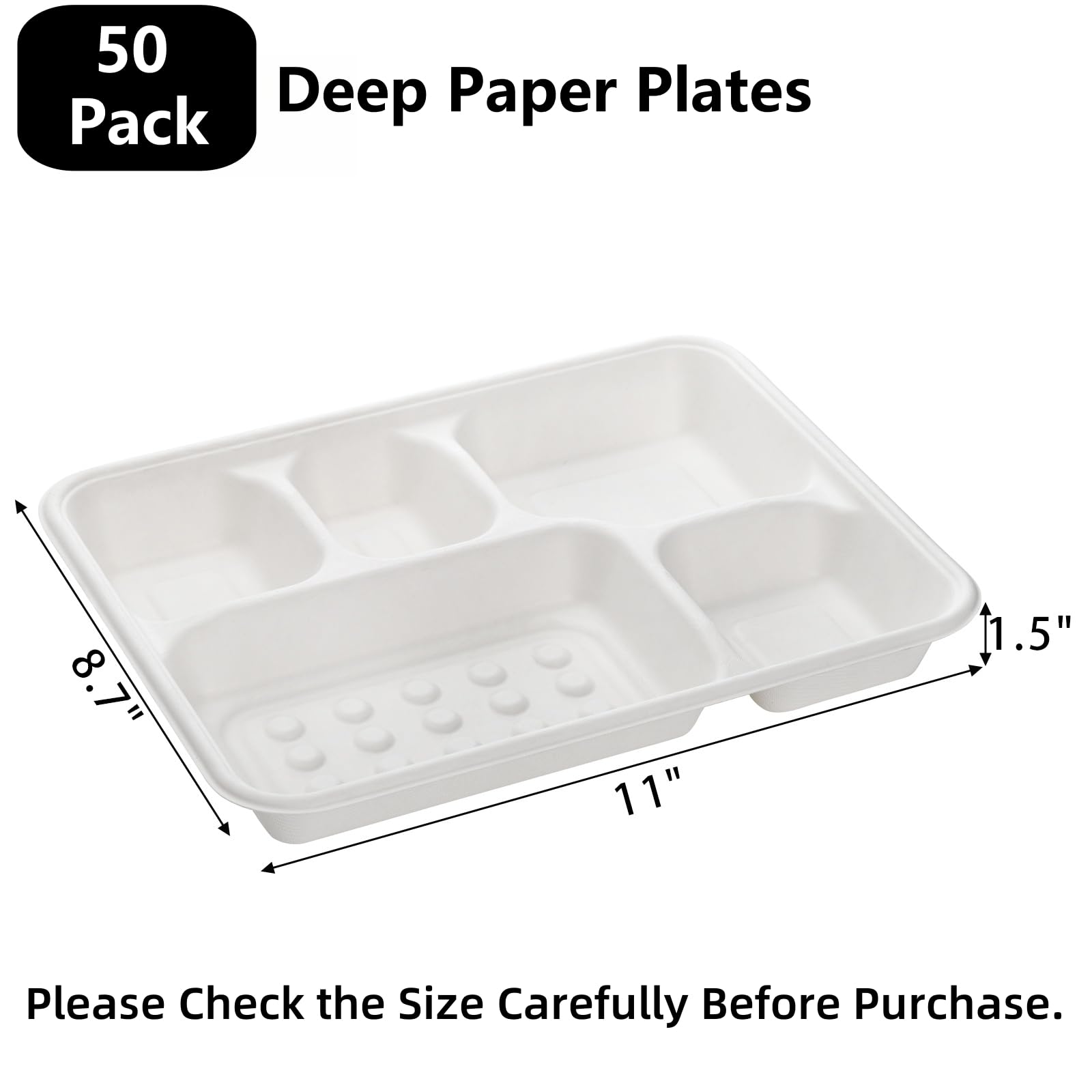 Hacaroa 50 Pack 5-Compartment Compostable Paper Plates, Natural Disposable Bagasse School Lunch Trays, Deep Divided Plates for Party, Picnic, Biodegradable, White