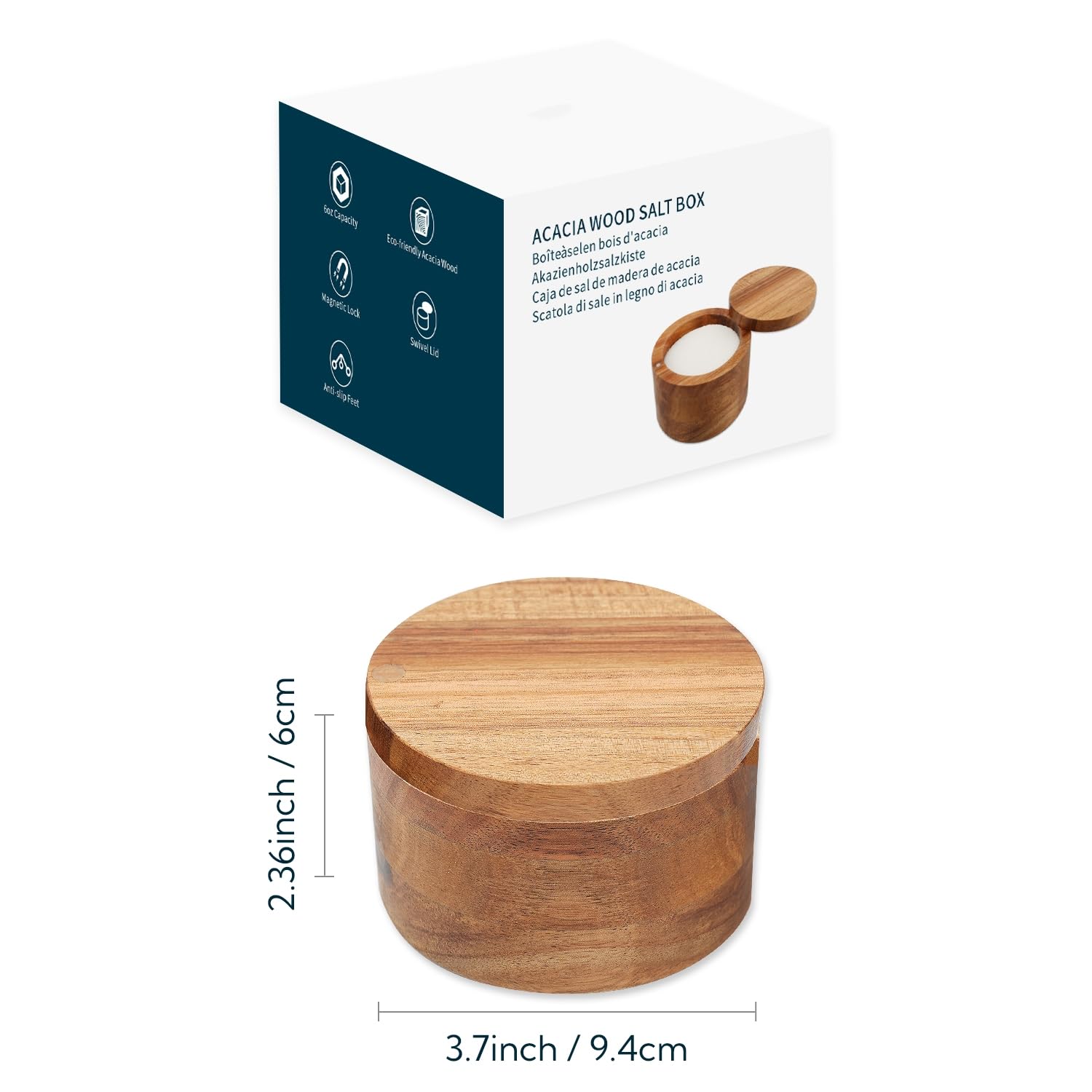 Pochita Global Acacia Wood Salt Cellar Bowl Box with Swivel Magnetic Lid to Avoid Dust, Elegant Kitchen Salt Container Holder with to Storage Pepper Spice Bath Salt Sea Salt, 6OZ（No Spoon）