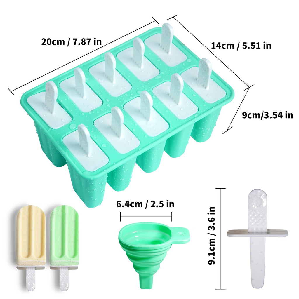 Popsicle Molds 10 Cells, Silicone Ice Cream Mould with Sticks, Non-Stick Ice Lolly Mold with Silicone Funnel and Brush, BPA Free