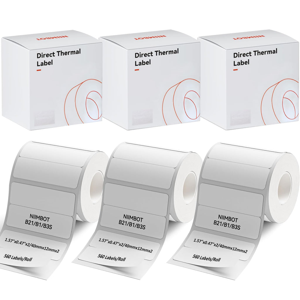 NIIMBOT Labels for B1/B21/B3S/K3 Label Maker, (3 Rolls, 1.57'' x 0.47'' / 40x12mm) Thermal Sticker Label, Waterproof, Oil-Proof and Tear-Proof, Self-Adhesive Thermal Labels (White)