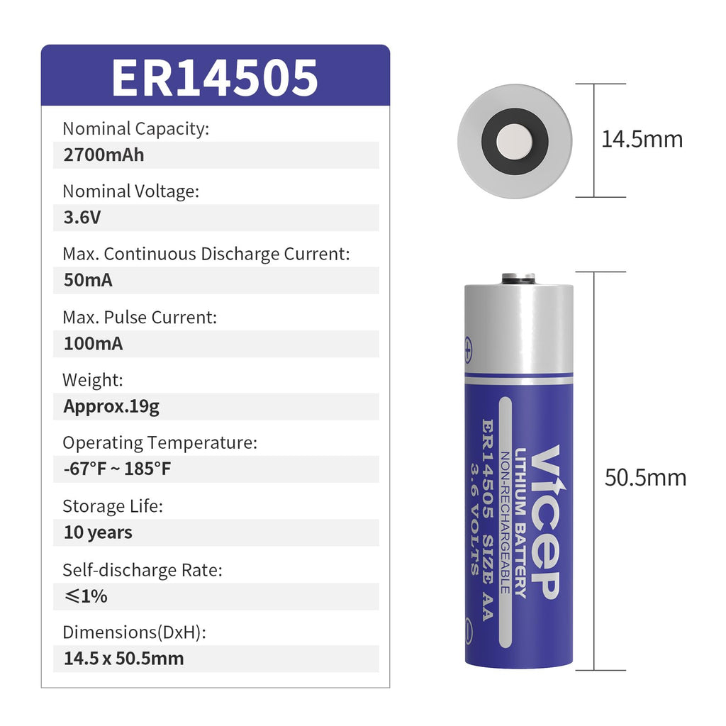 ViCep 6-Pack ER14505 3.6V AA Lithium Battery Li-SOCL₂ 2700mAh LS14500 TL-5903 for Home Security System, Meter Reading System, PLC, Non-Rechargeable