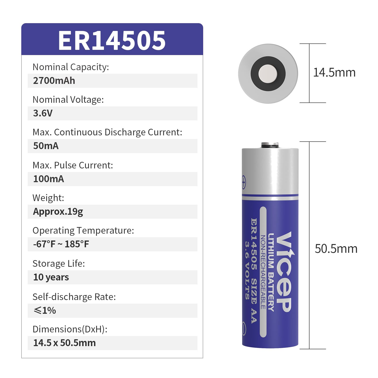 ViCep 6-Pack ER14505 3.6V AA Lithium Battery Li-SOCL₂ 2700mAh LS14500 TL-5903 for Home Security System, Meter Reading System, PLC, Non-Rechargeable