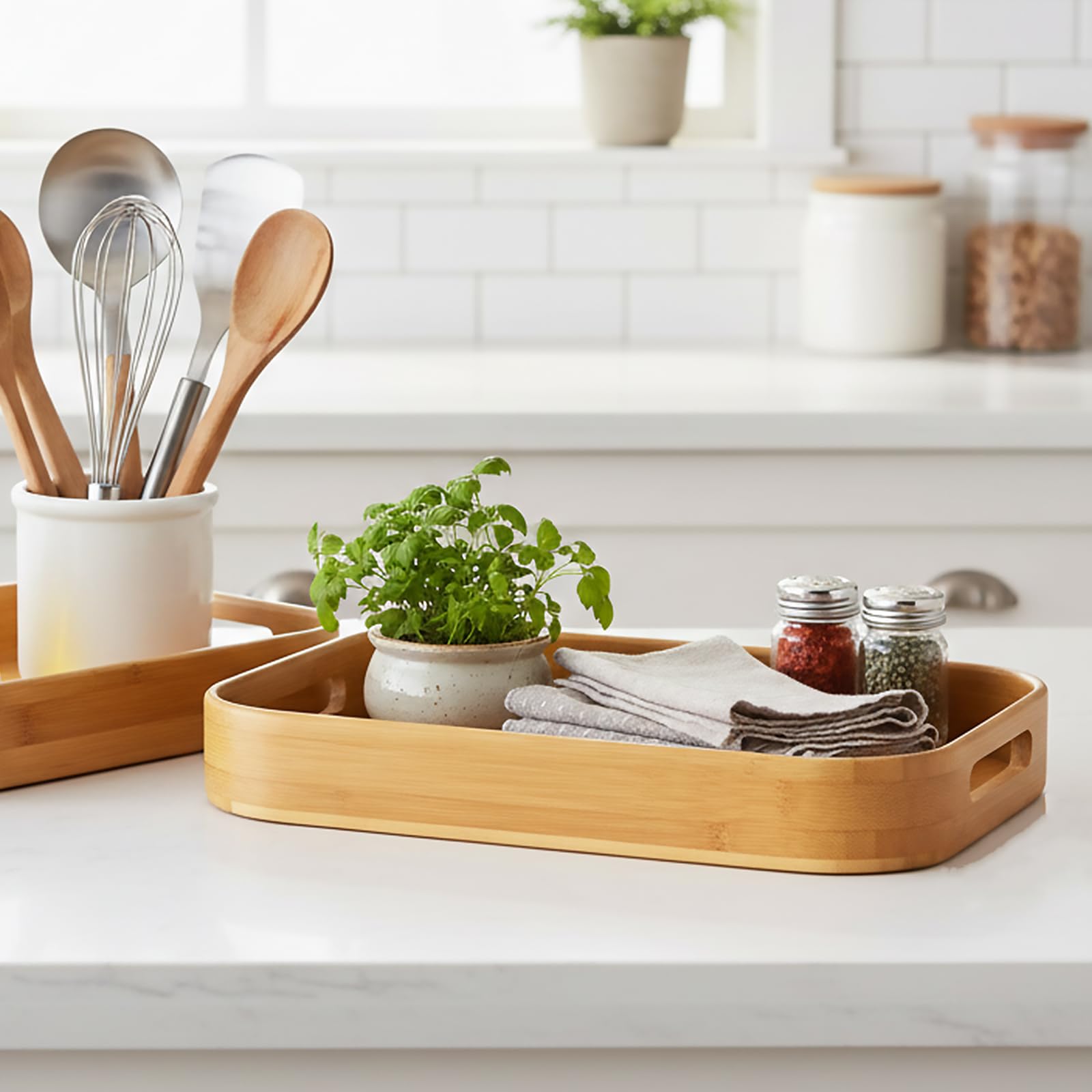 Dicunoy Set of 2 Bamboo Serving Tray, Solid Wood Breakfast Tray with Handles, Large Bamboo Food Tea Trays Great for Dinner, Coffee, Bar, Parties, 15.6" L x 10.8" W /12.6" L x 8.5" W