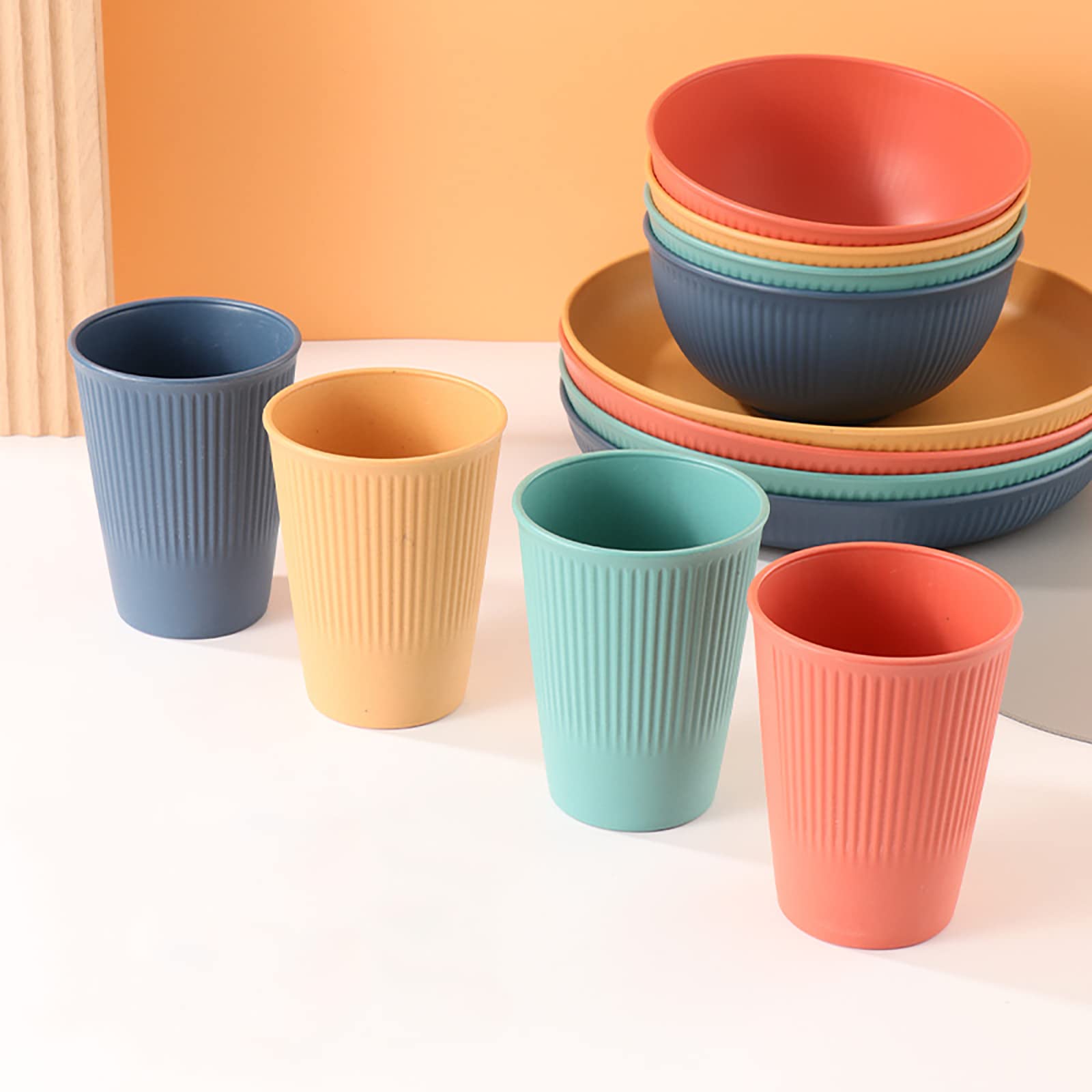 16 Pieces Bowl Set Tablewares, Wheat Straw Plates,Lightweight Degradable Dinner Plates Set,Bowls, Cups, Tablewares Set, Dishwasher Safe Dinnerware Set, Unbreakable Salad Plates