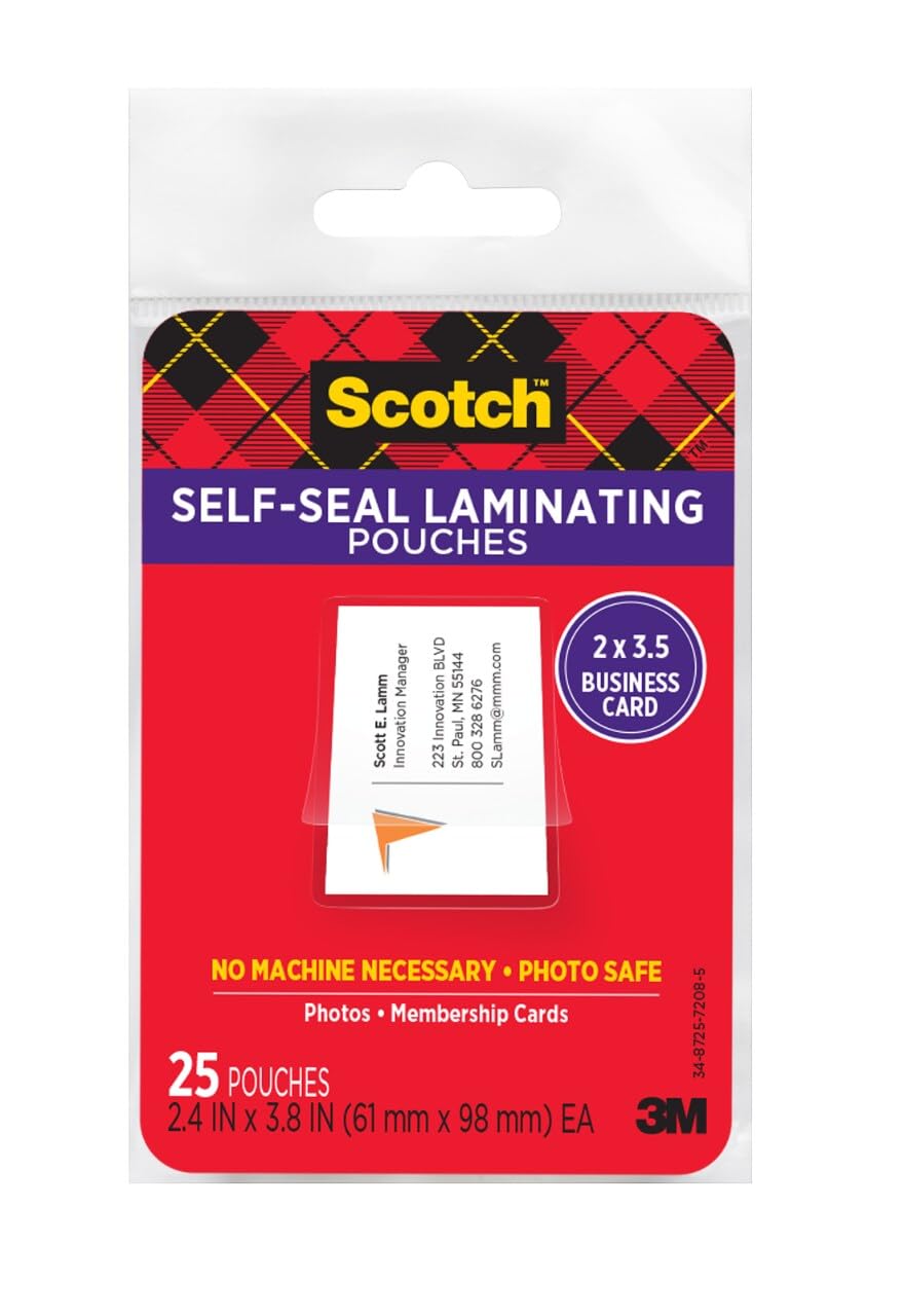 Scotch Self-Sealing Laminating Pouches, 9.5 mil, 2 7/16 x 3 7/8, Business Card Size, Pack of 25