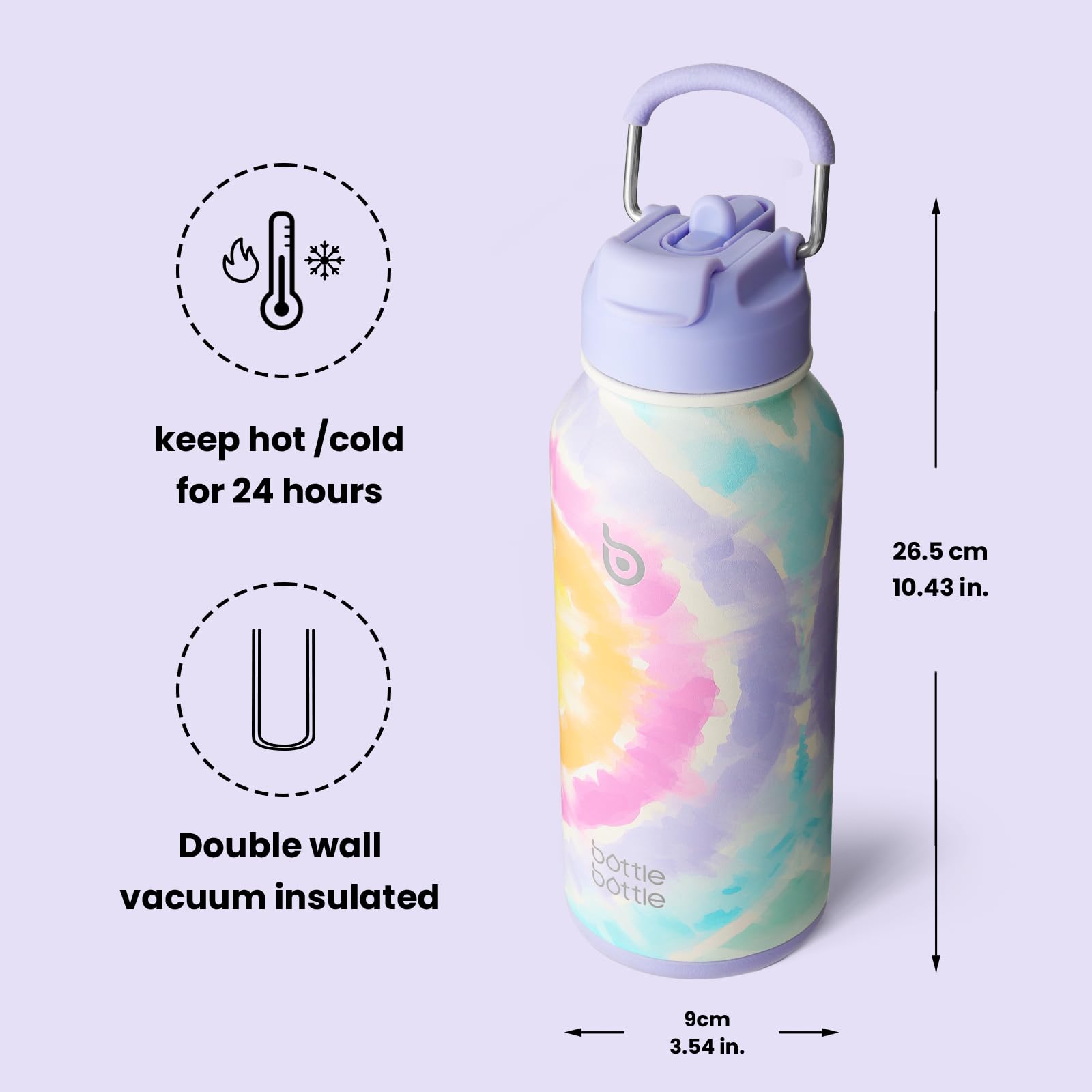 BOTTLE BOTTLE 32oz Insulated Water Bottle Stainless Steel Sport Water Bottle with Straw Dual-use Lid Design for Gym with Pill Box (cotton candy)