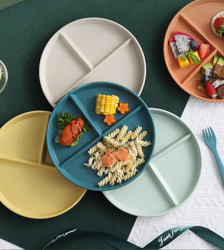 CookTaitai Unbreakable 9 Inch Wheat Plastic Round Gird Plates Set, Divided Plates for Adults, Kids Plates, Microwave and Dishwasher Safe,BAP-Free, Set of 6 (Multicolor)