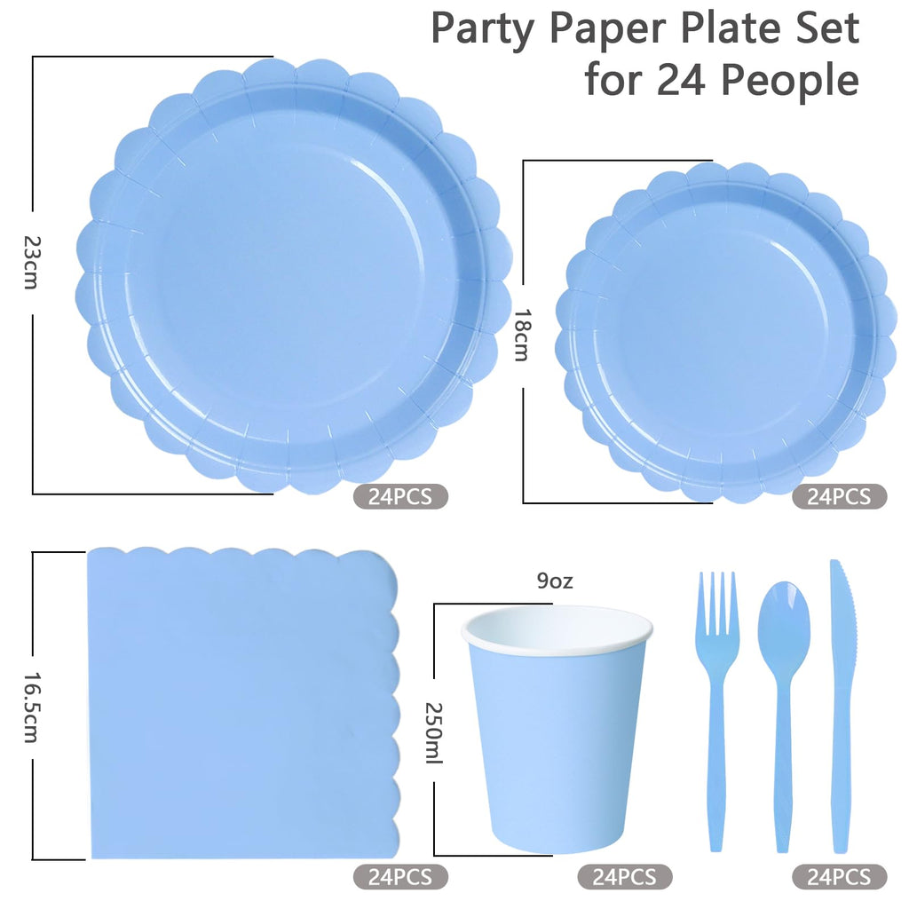 PYAILI 168 Pcs Baby Blue Party Tableware Set, Paper Plates Cups Napkins, Dinnerware Set for Kids Adult Birthday,Wedding,Baby Shower Party Tableware