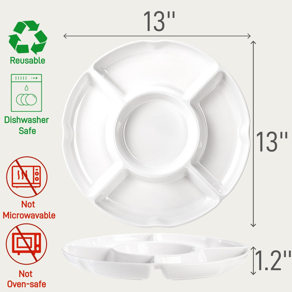 Pumtus 3 Pack Chip and Dip Serving Tray, Melamine Divided Serving Plate, 13" Decorative Sectional Platter, 5-Compartment Stoneware Appetizer Fruit Dish for Nuts, Veggie, Snack, Entertain, Party