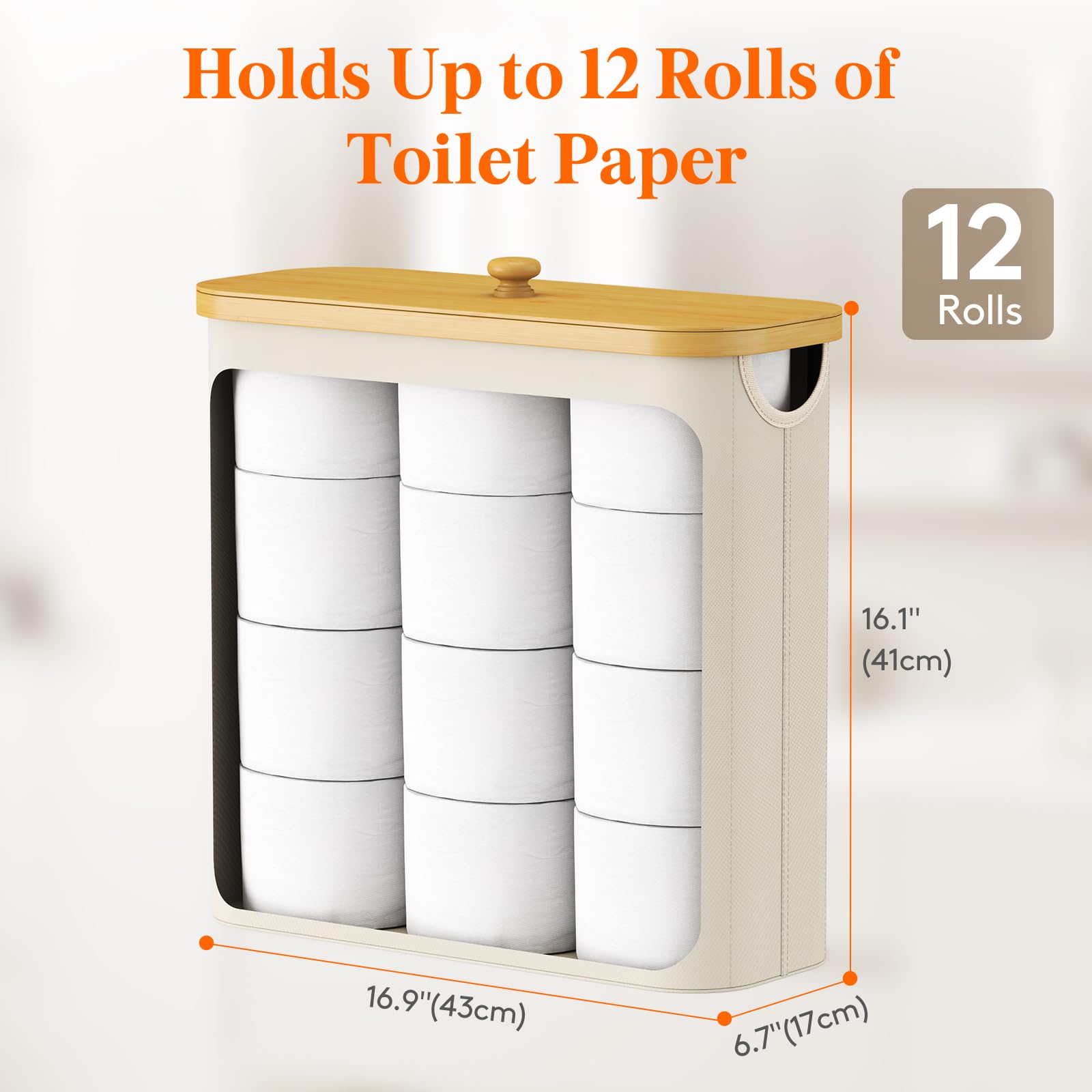 Lifewit Toilet Paper Storage Holder for 12 to 16 Rolls, Free Standing Toilet Paper Basket Stand with Bamboo Lid, Collapsible Fabric Bathroom Organizer Box for Mega Rolls, 30L, Extra Large, White