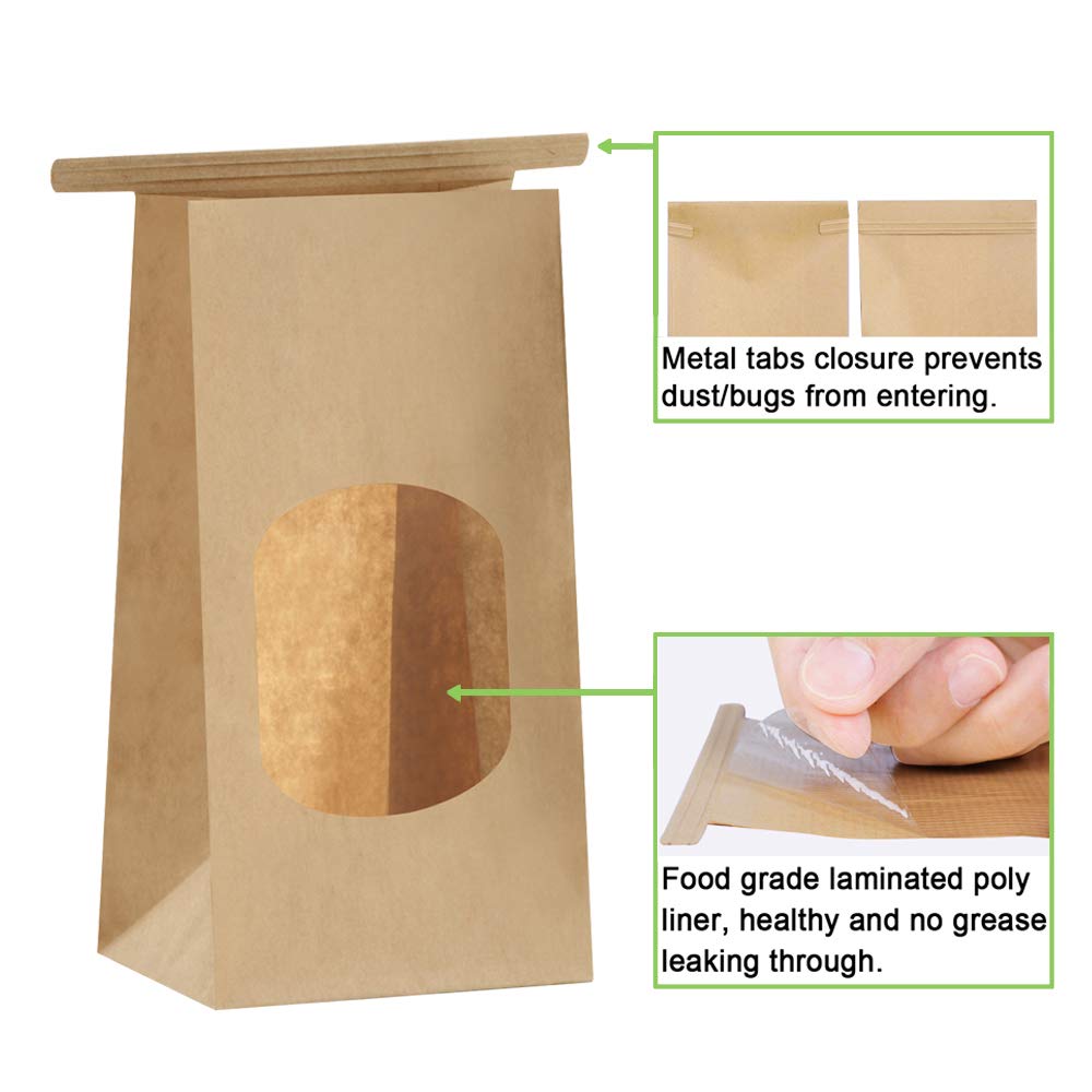 BagDream Cookie Bags 50Pcs 3.54x2.36x6.7 Inches Brown Kraft Paper Bags with Window Tin Tie Tab Lock Recyclable Treat Bags for Coffee Bean Bread Muffin Popcorn Party Wedding