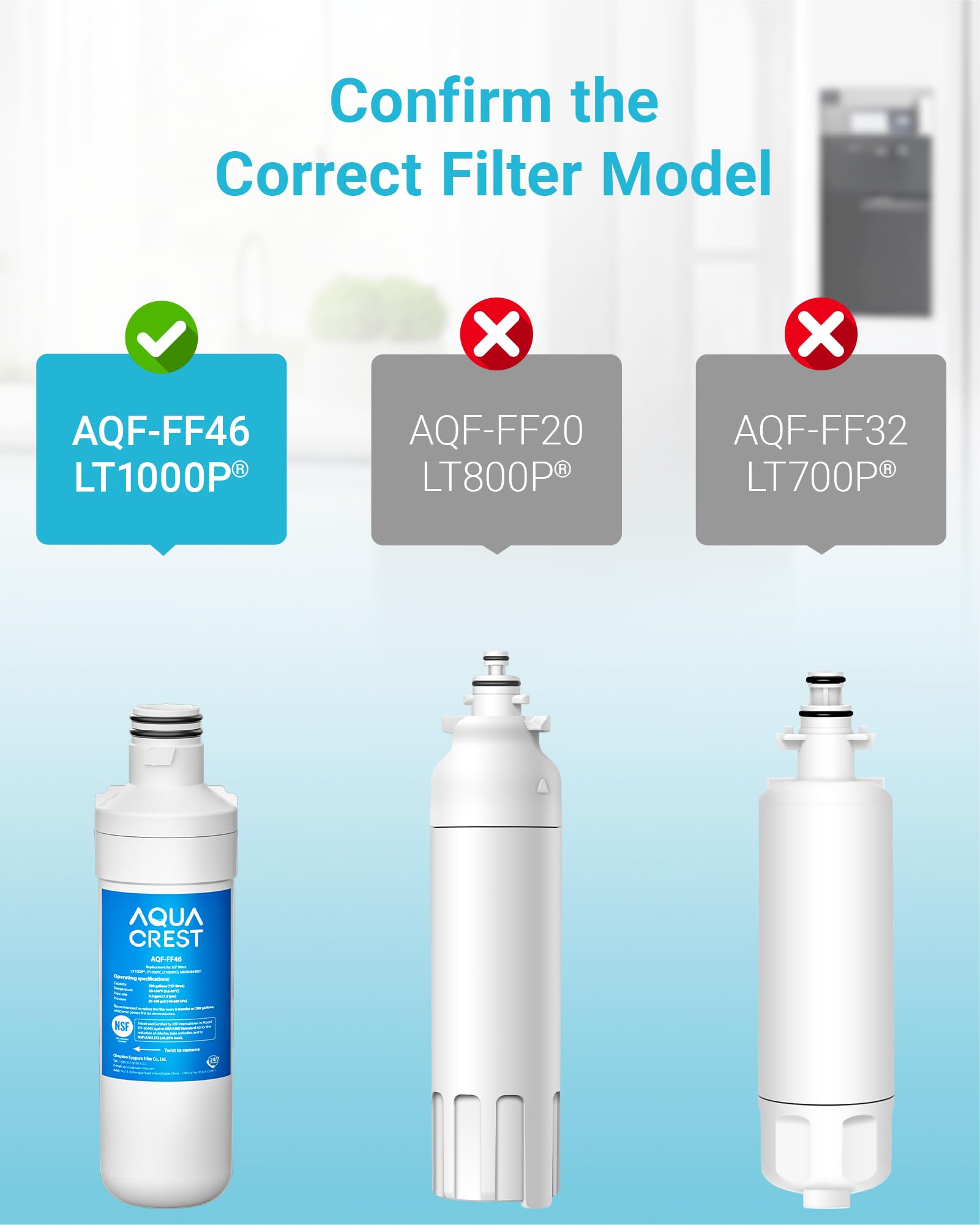 AQUA CREST LT1000PC ADQ747935 Refrigerator Water Filter and Air Filter, Replacement for LG® LT1000P®/PC/PCS, LMXS28626S, LFXS26973S, MDJ64844601, ADQ74793501, ADQ74793502 and LT120F®, 3 Combo