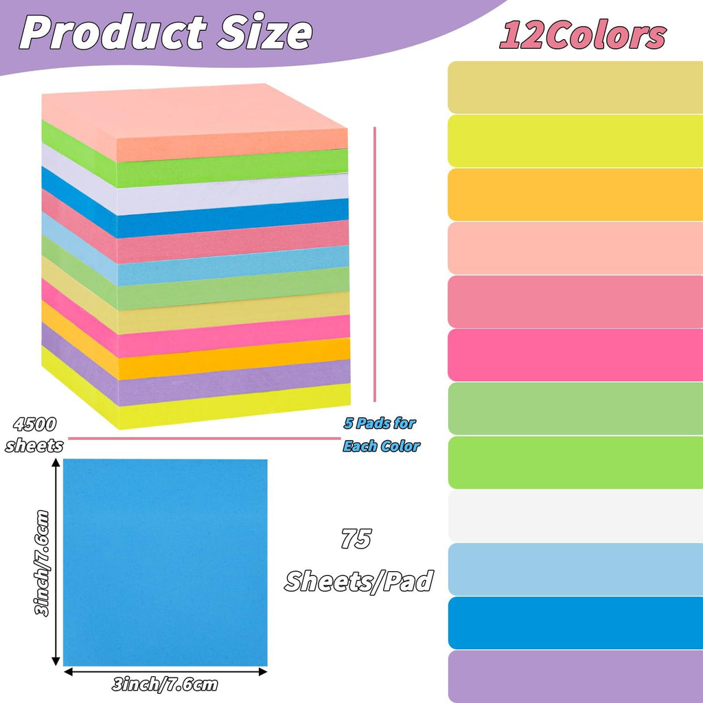 60 PCS Sticky Notes Bulk 3x3 Inch Colorful Sticky Notes 75 Sheets/Pad 12 Colors, Adhesive Sticking Self-Stick Multicolor Memo Note Pads for Teacher Student School Office Meeting Blank Desk Pads