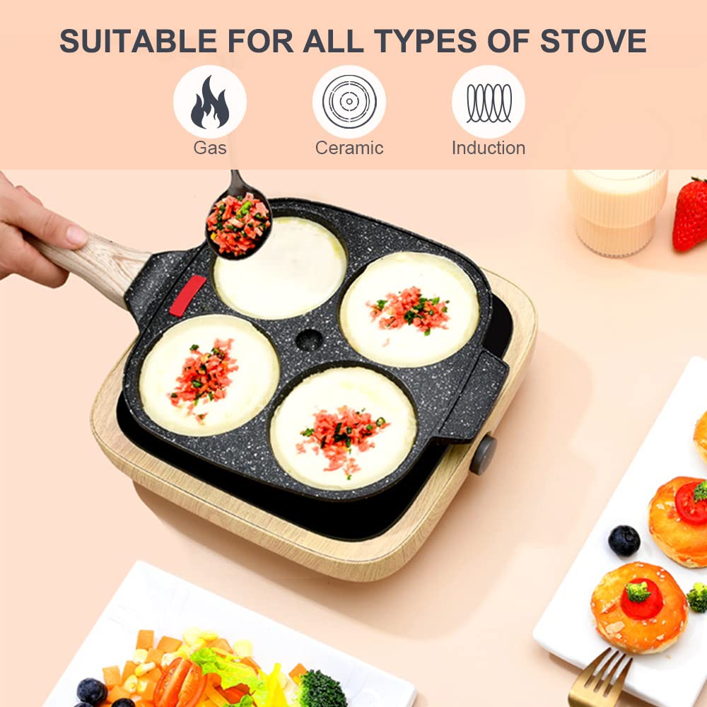 Nonstick Egg Pan, Egg Frying Pan 4 Cups Pancake Pan for Breakfast, Fried Egg Pan Suitable for Gas & Induction (Black)