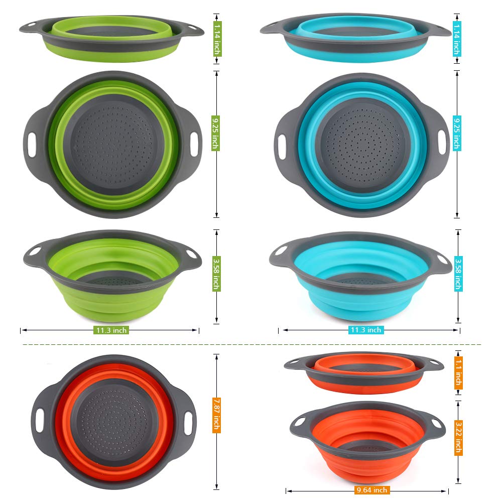 Collapsible Colander, BESUNTEK Strainer Set Round Food Silicone Kitchen for Draining Pasta, Vegetable and Fruit 2 pcs 4 Quart and 1 pcs 2 Quart (Orange + Green + Blue)