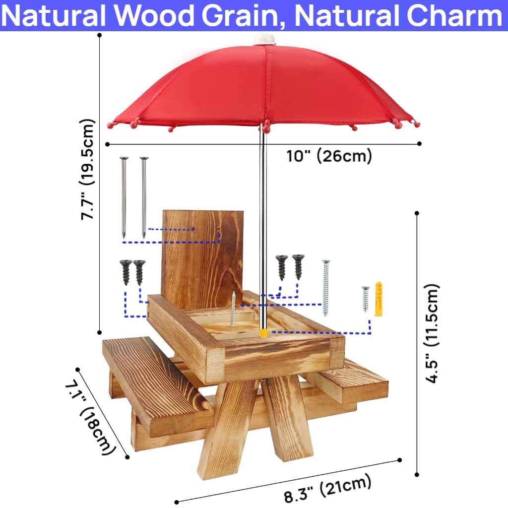 MTSBDM Squirrel Feeder Picnic Table with Umbrella and Corn Cob Holder, Outdoor Wildlife Chipmunk Feeder, Unique Garden Gift for Squirrel & Chipmunk Lovers